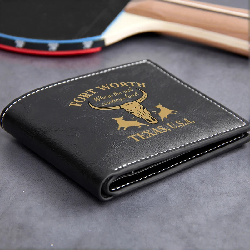 Fort Worth Texas USA Premium PU Leather Wallet with Cowboy Skull Design Lightweight Durable Business Men's Bifold Wallet
