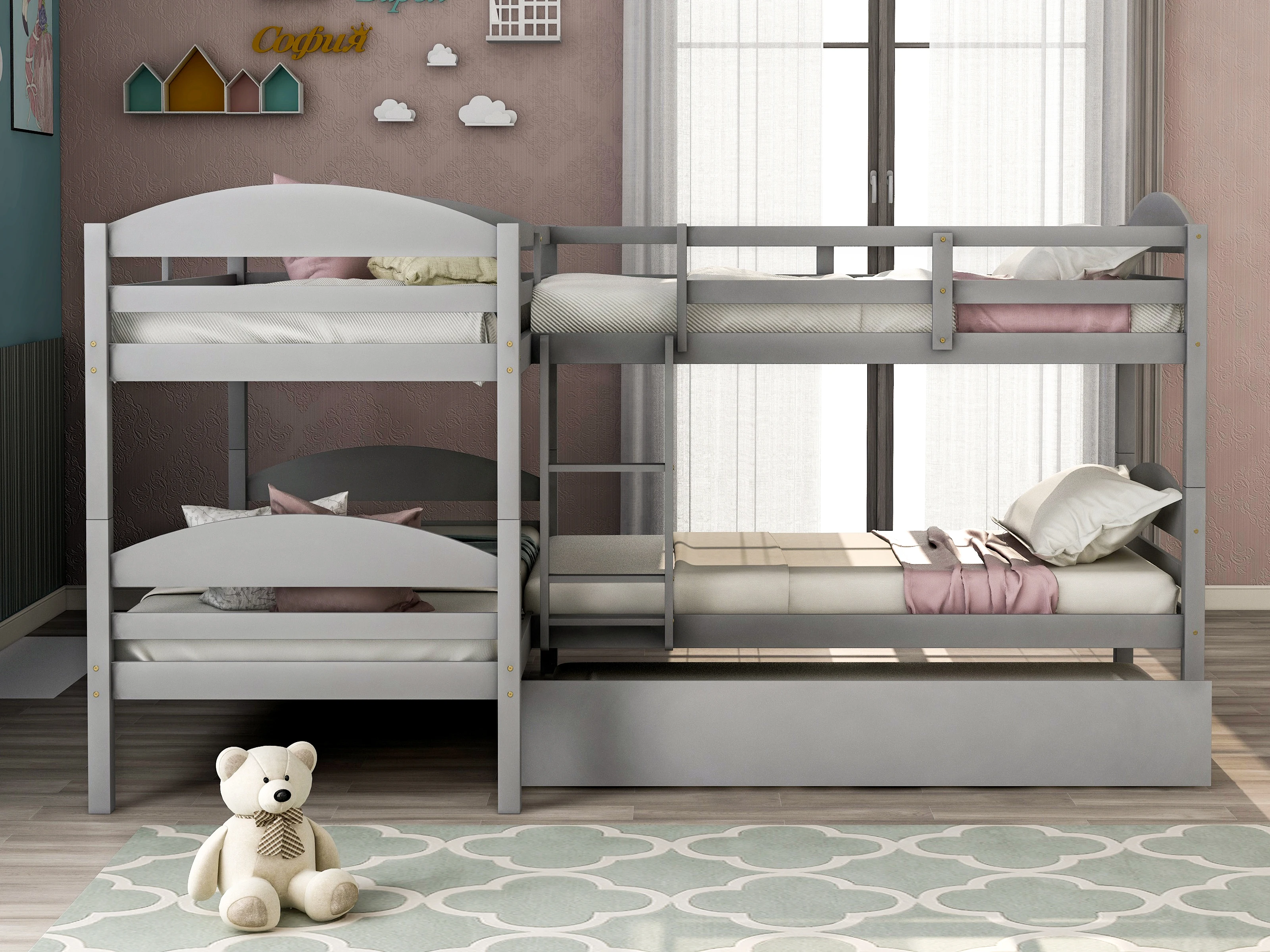 Twin L-Shaped Bunk Bed with Trundle, Gray   119.20x79.50x62.50 in.