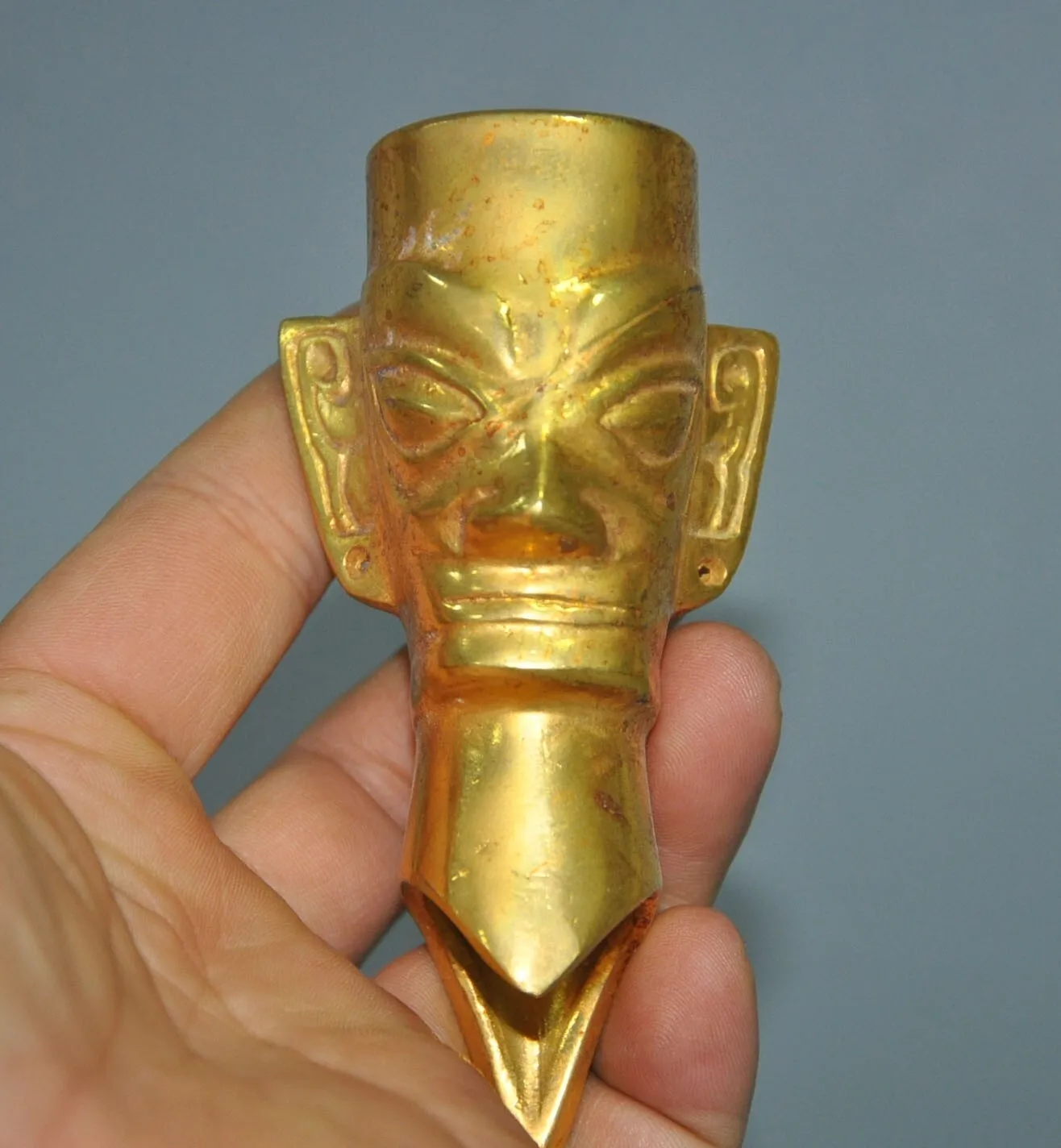 

4.2 inch Collection of Old Chinese Dynasty Bronze Gold Plated Sacrifice Sanxing Dui Head - Old Figure Sculpture