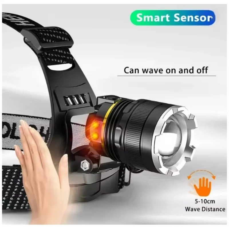 

Motion Sensor Head Flashlight USB Charging Work Headlight Long Shot Multifunctional Head Torch 4 Light Modes for Camping Fishing