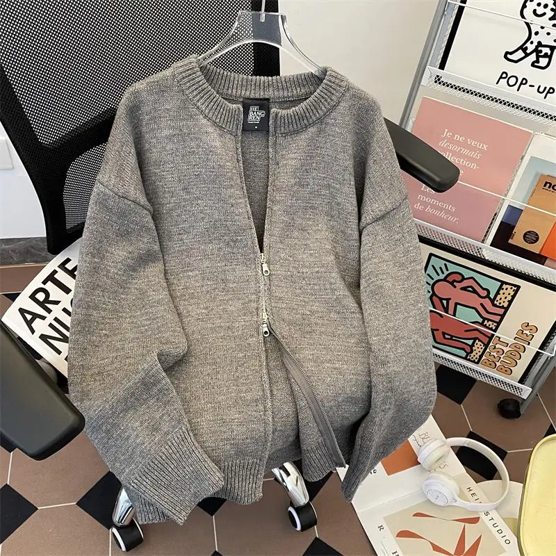 

Вязаный свитер-кардиган мужской осенне-зимний повседневный с двойной молнией, свободного кроя, премиум-класса, для пар