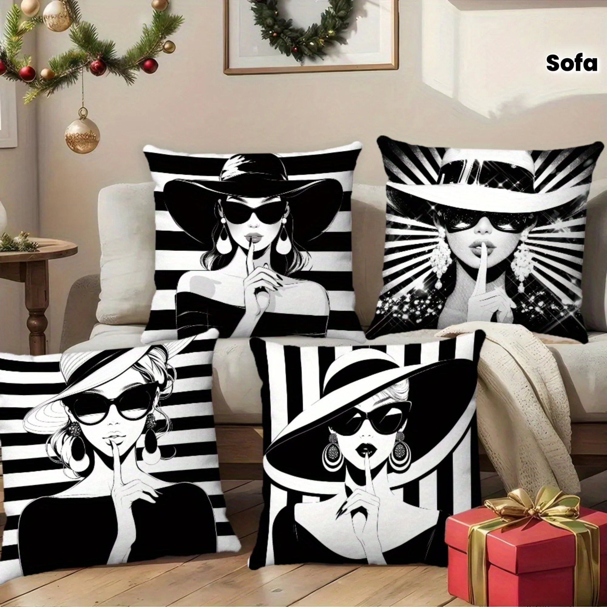 Set of 4 Fashion Pillow Covers, Featuring Silhouette of Woman with Glasses, Perfect for Decorating Living Room Sofa, Bedroom