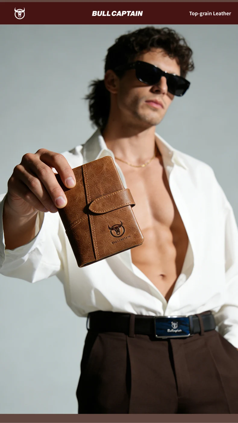 BULLCAPTAIN Echtleder Herren-Geldbörse RFID-Blockierung Vintage Bifold Kurze Geldbörse Rindsleder Kreditkartenhalter mit Münzfach – Detail 8