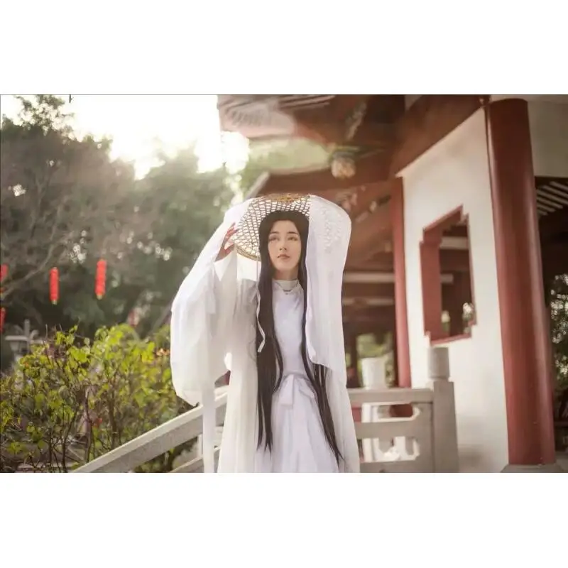 Anime Xie Lian Cosplay Costume Tian Guan Ci Fu Cosplay Xielian Wigs Bamboo Hat Shoes Prop White Han Fu Outfit Unisex Costumes