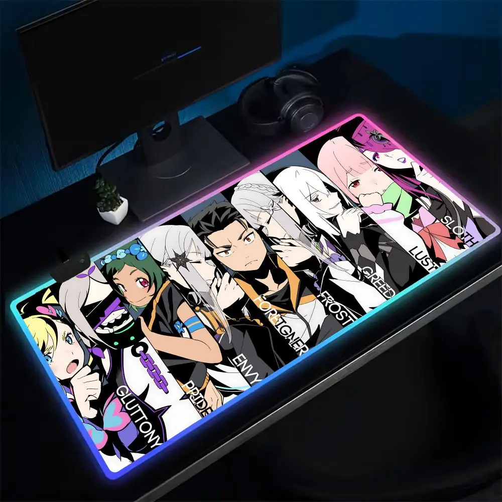 R-RE ZERO Mouse Pad Anime Gaming Mouse Pad LED Table Pads Backlit Rubber Desktop XXL RGB Desk Mats