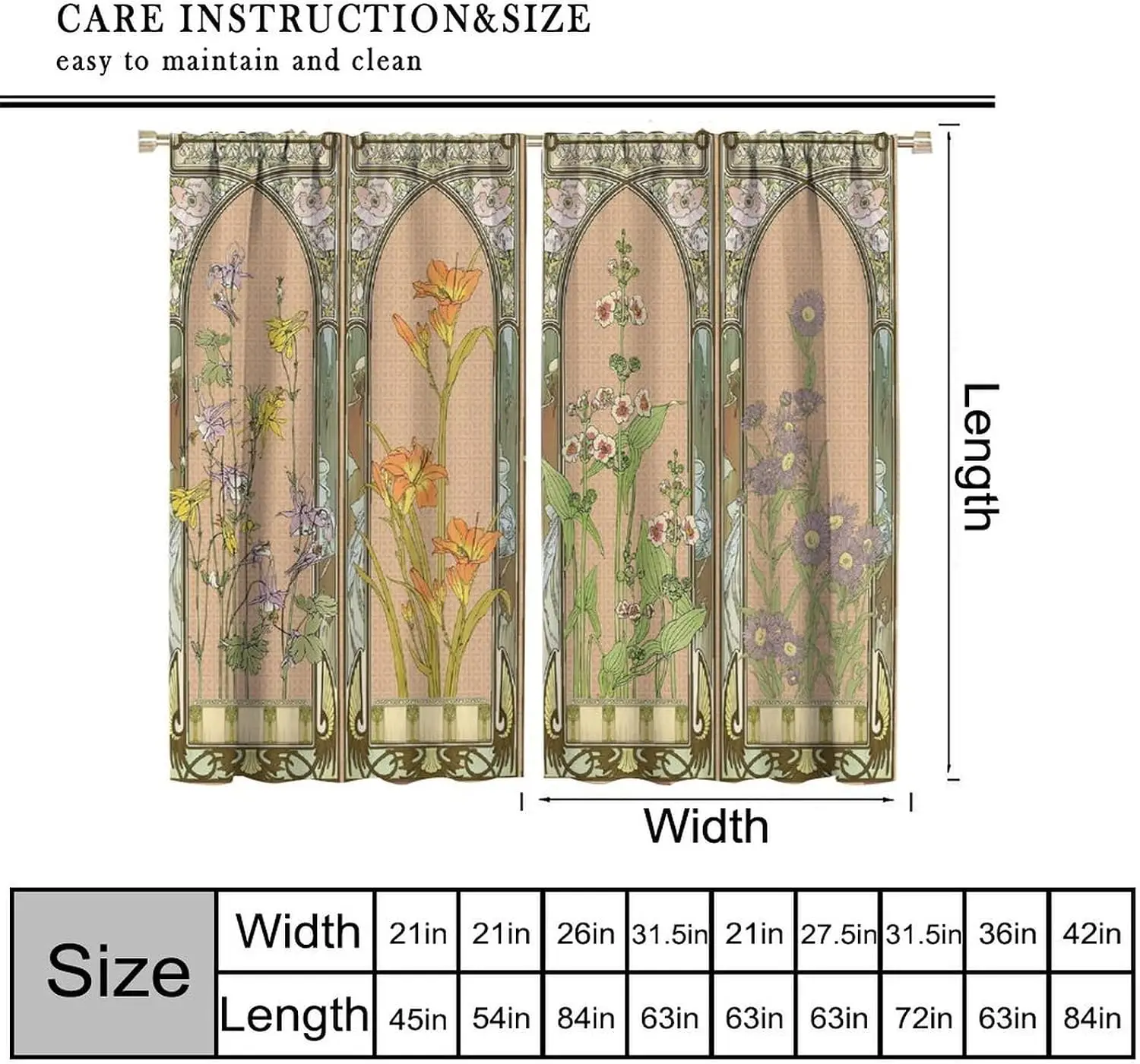Art Nouveau Arch Floral Window Curtain 2 Panels, Vintage Lily Daisy Mixed Flower Gothic Arch Frame Print Beige Background Retro