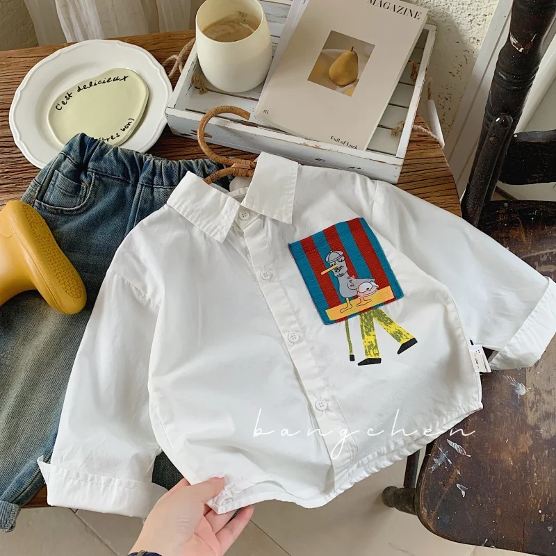 

Children's shirt2024Summer Vertical Stripe Pocket Boys' Shirt Children's Cartoon Printed Coat Fashion G0060-WS