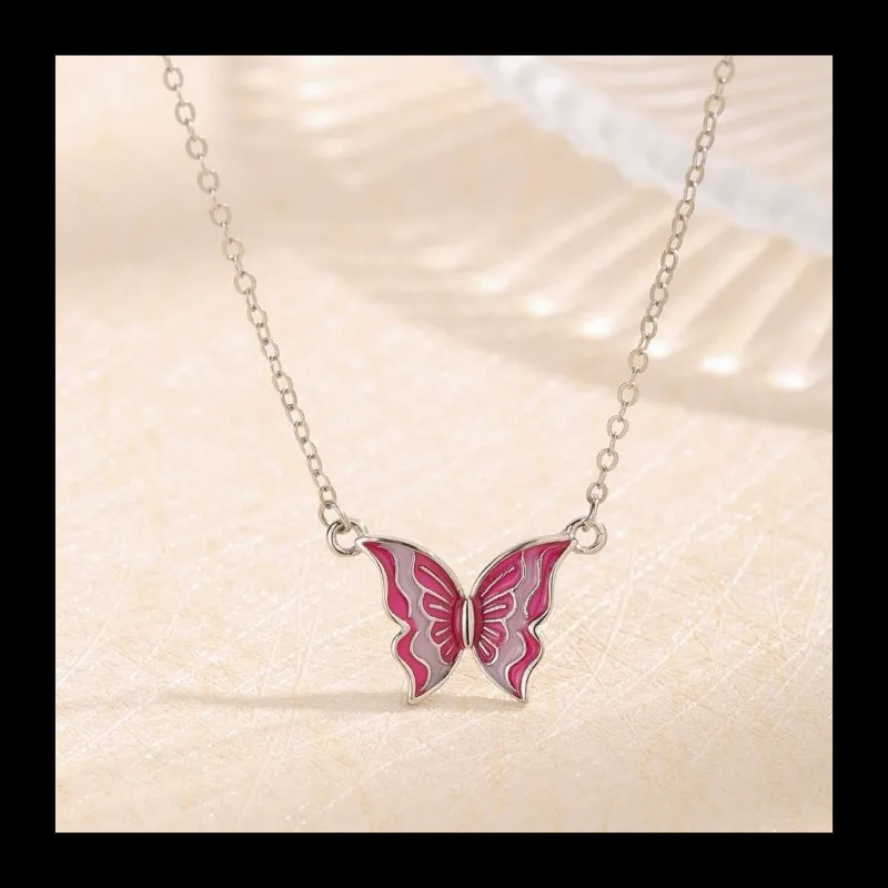 Wenyi نمط S925 الفضة الاسترليني جديد الوردي والأبيض الايبوكسي فراشة قلادة عصرية خفيفة فاخرة الراقية قلادة المرأة