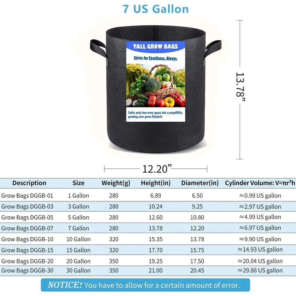 Taller Grow Bags, 7 Gallon 8 Pack | Heavy Duty Nonwoven, Aeration Fabric, Deep Grow Pots, With Handles, for Vegetables
