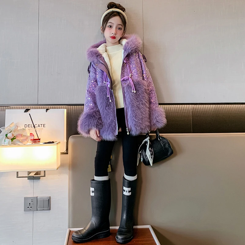 2023 girl imitation fur coat winter high-end western-style thick fur coat girl baby warm princess sequins Mao Mao stitching coat