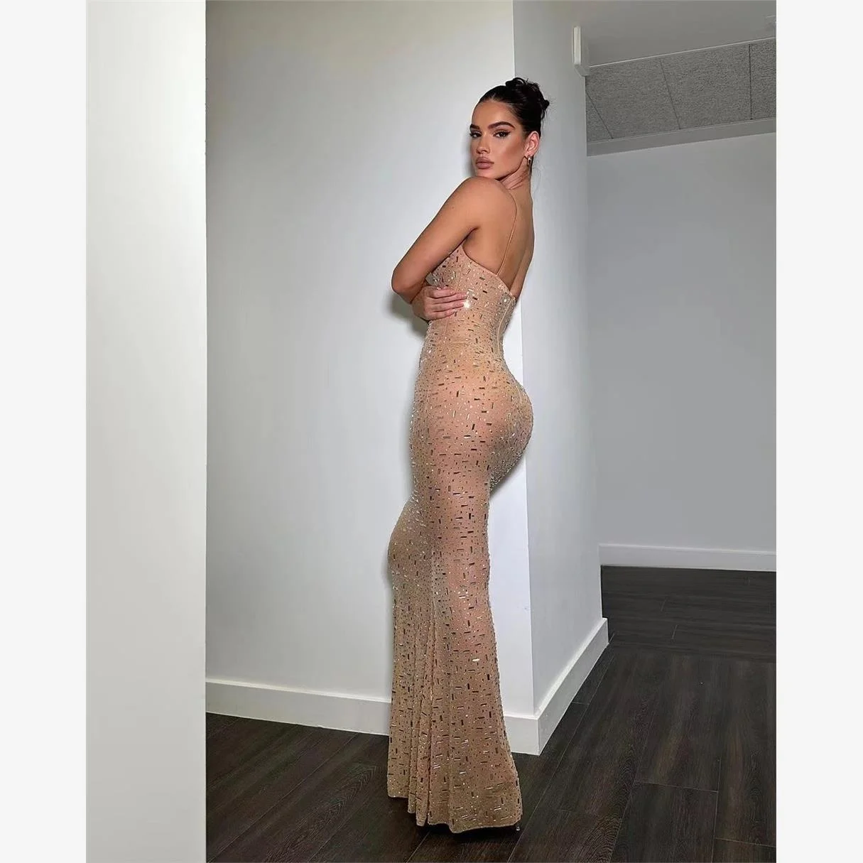 

Модное длинное классическое женское платье Dr, сексуальное платье на бретельках со сверкающими бриллиантами и хвостом, Новое поступление со средней талией