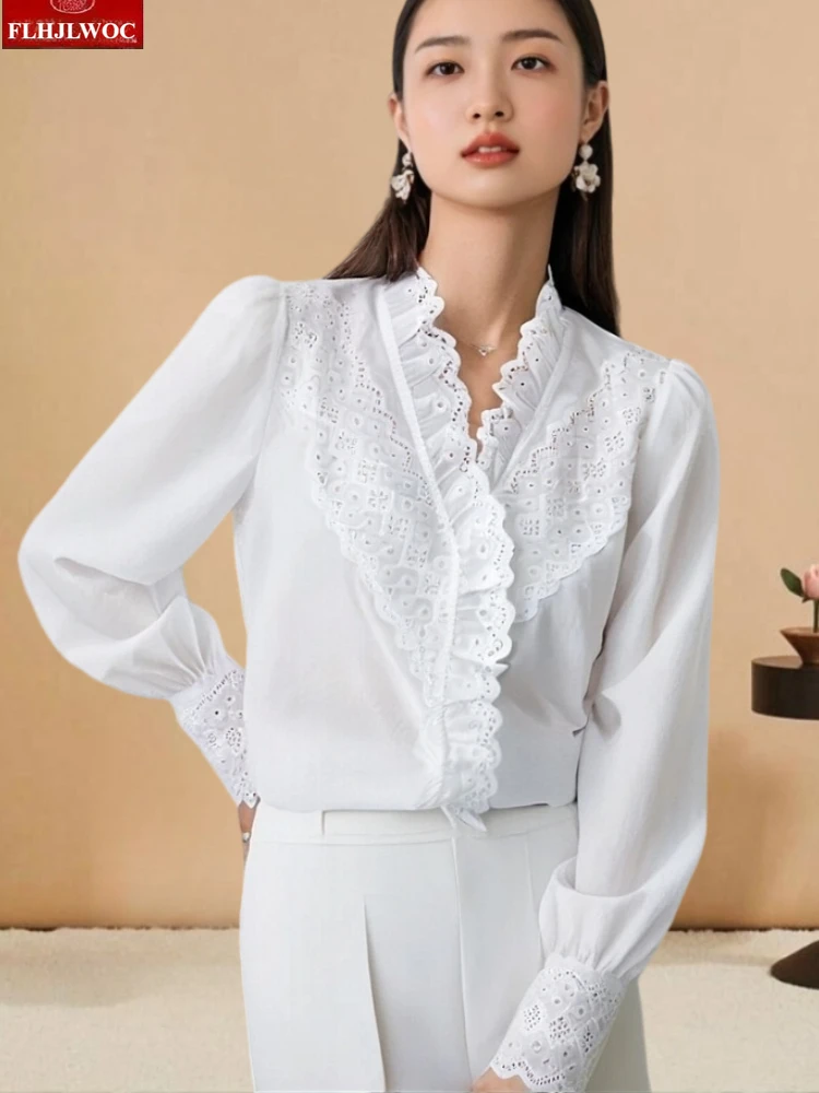 

Ruffles Lace Tops Blouses New 2025 Autumn Fashion Women Office Lady Long Sleeve V Neck Work Commuter Solid White Basics Shirts