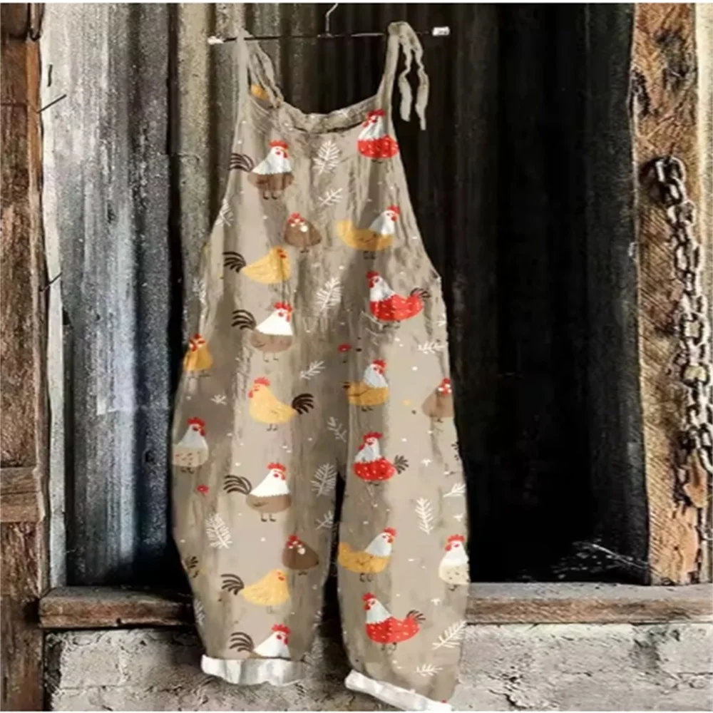 202 Summer Women's Breathable One-Piece Pants, 3D Cartoon Chicken Print Trendy Daily Casual Comfortable One-Piece Pants