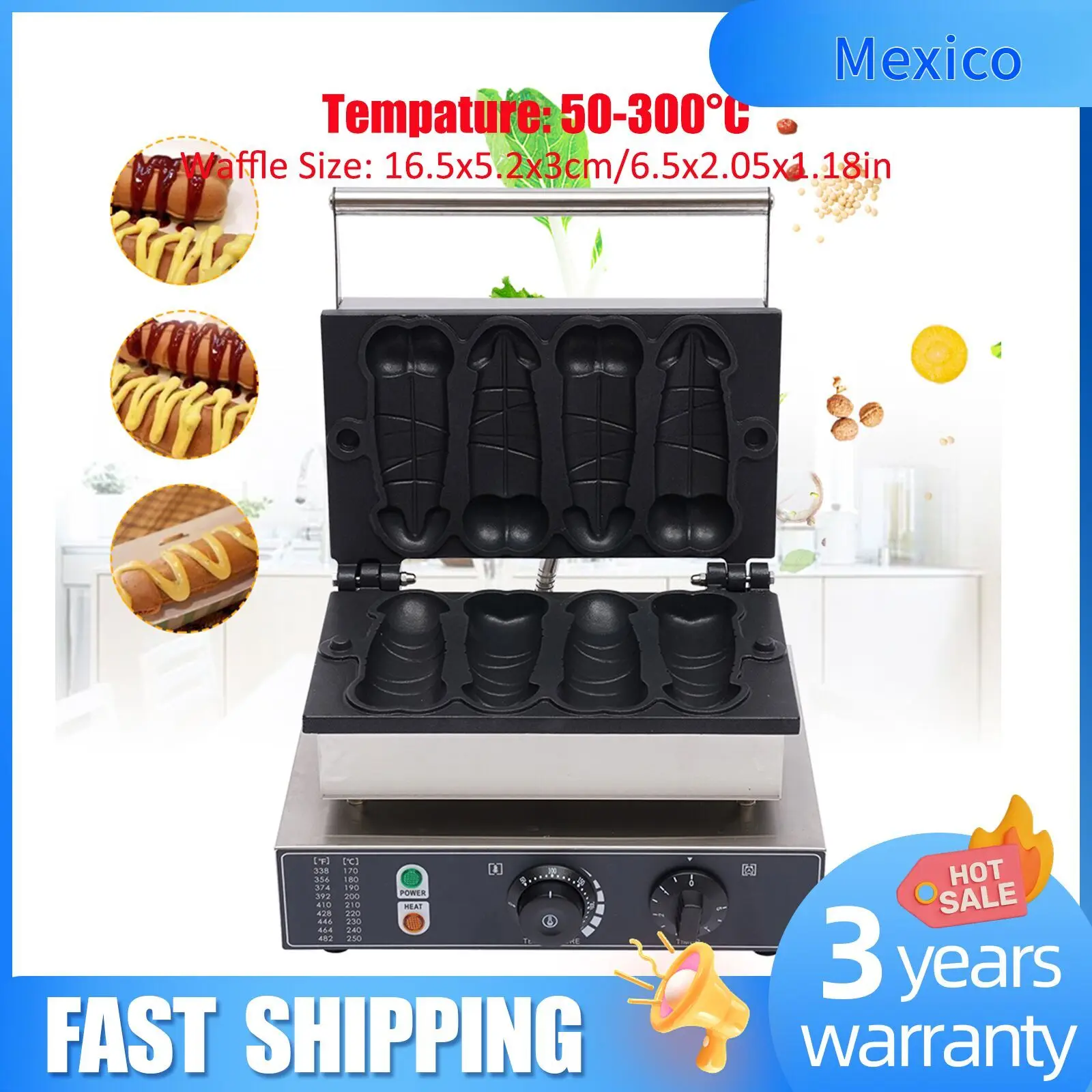 110V 4PCS Commercial Electric Hot Dog Baker Pene Hot Dog Waffle Maker Iron Machine Electric Waffle Maker