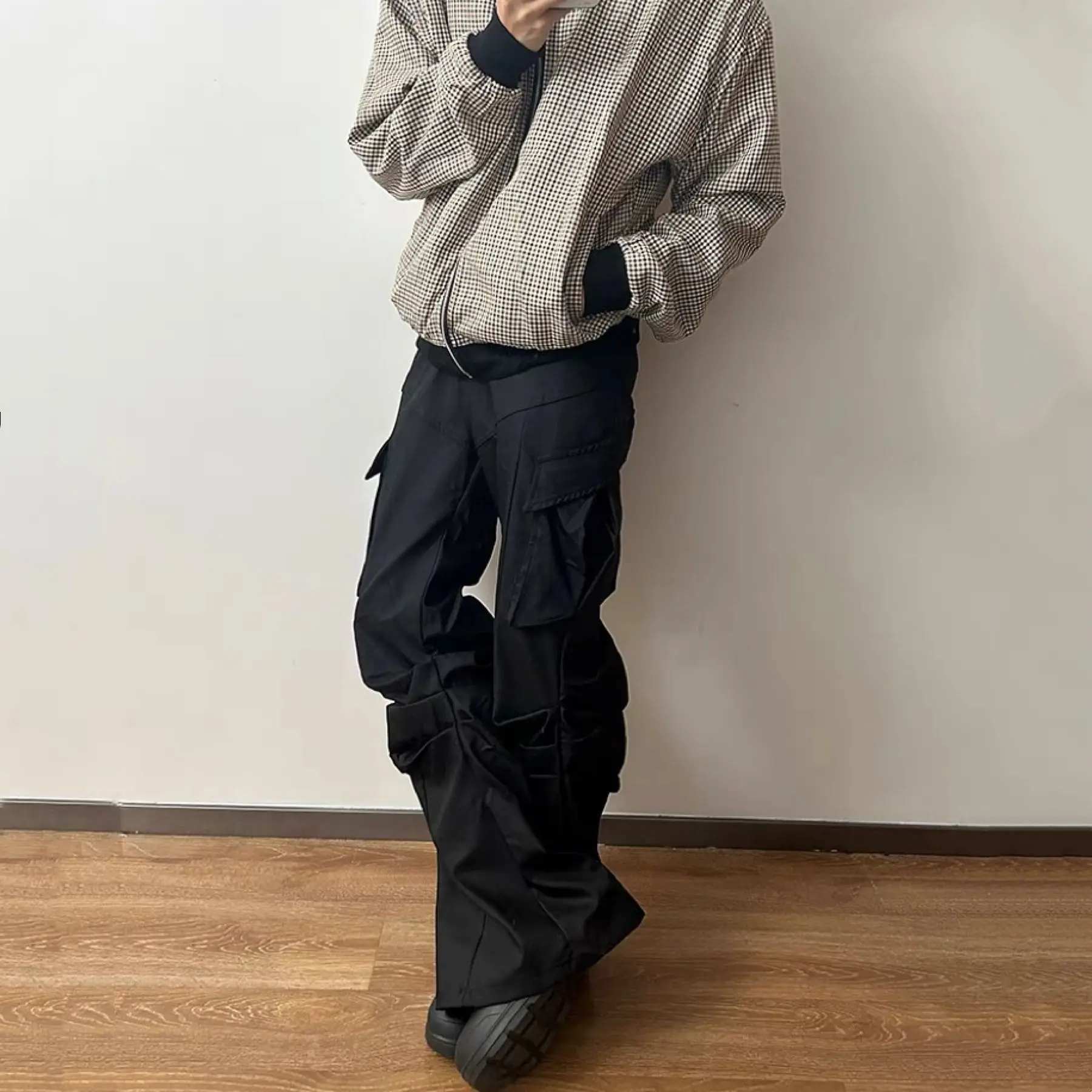 Men's Folded Design Large Pockets Micro Horn Pants Street Summer Sweatpants Thin Boy Bottoms Male Wide Leg Bell-bottom Trousers