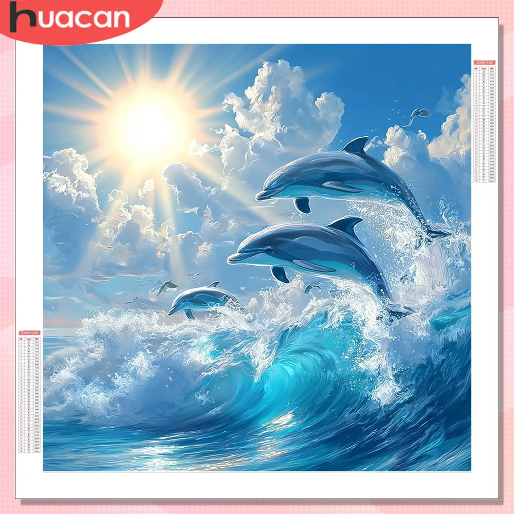 HUACAN Diamant-Mosaik Delfin Tier Quadratische Diamanten-Malerei Meer Dekorative Gemälde Kreuzstich-Sets