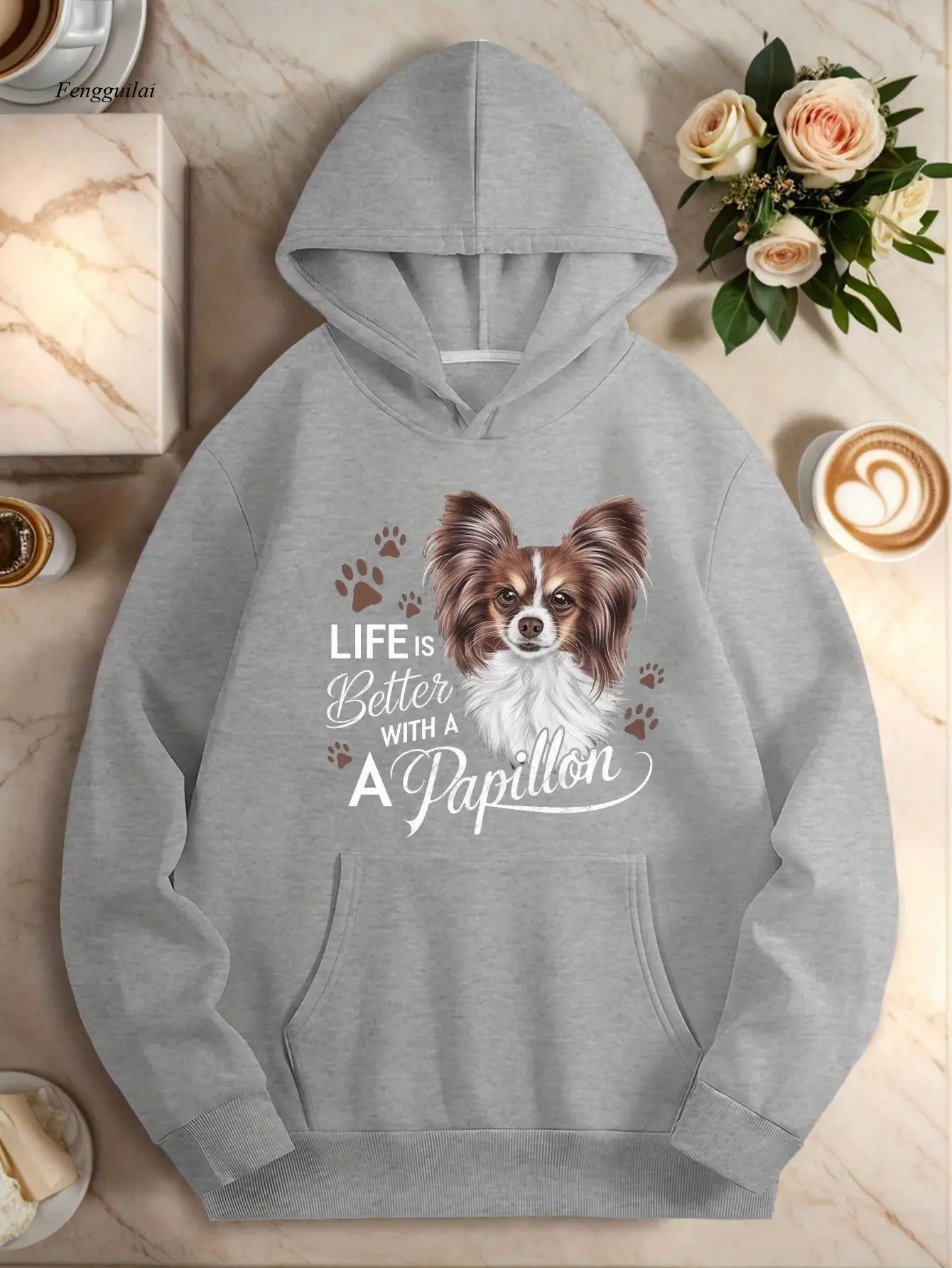 

Уютная толстовка с принтом лапы папийона — повседневная черная толстовка, трикотажная ткань, осень/зима, можно стирать в машине