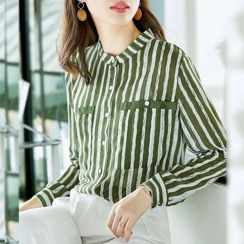 Korean Fashion Female Striped Printed Long Sleeve Blouse Spring Women\'s Clothing Loose Pockets Spliced Stand Collar Casual Shirt