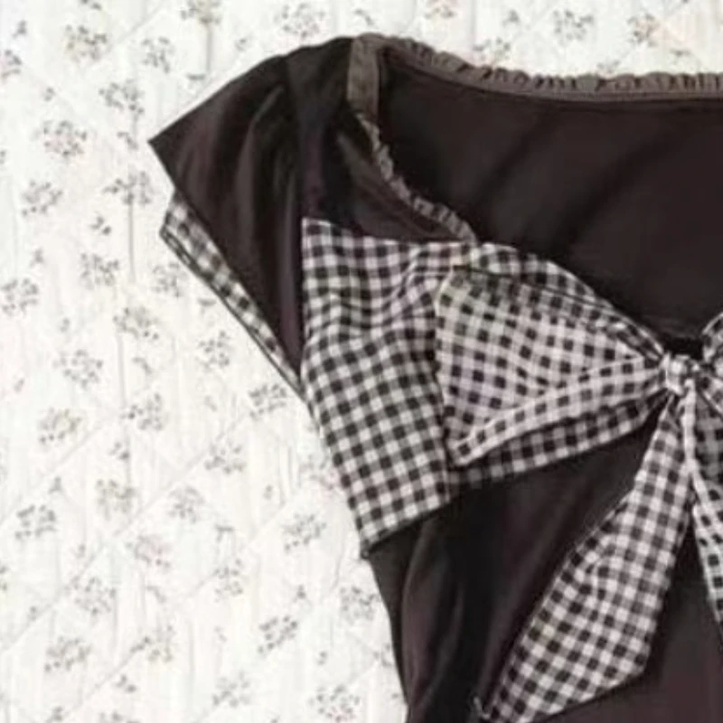 النمط الياباني مخطط البيانو تي شيرت بياقة المرأة Kawaii قصيرة الأكمام بلوزات صغيرة ملابس غير رسمية لطيف الحلو ملابس علوية من القطن 2025 جديد #3