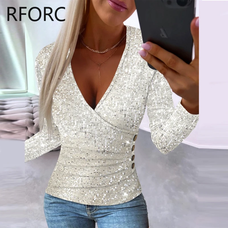 2023 Women Solid Sequins Button Decoration Deep V Neck Long Sleeves Skinny Pullovers Tops