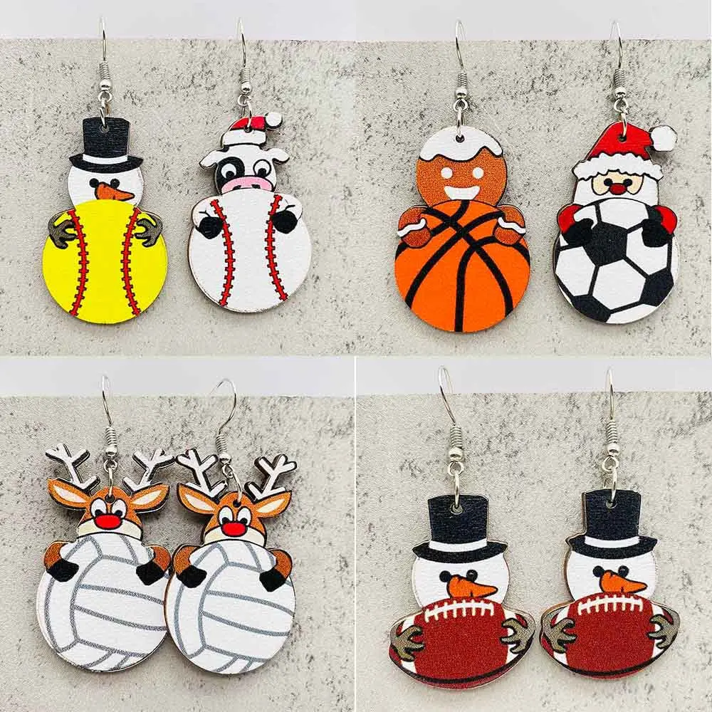 Christmas Wooden Earrings Santa Claus Football Basketball Baseball Rugby Earrings Sports Fans Christmas Gift