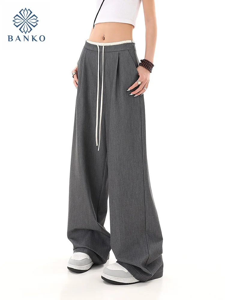 

Women's Baggy Elastic Waist Sweatpants Casual Korean Fashion Suit Straight Pants Lace Up Solid Wide Legs Trousers Spring Summer