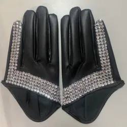 Women's Fashon Half Palm Rhinestone Handmade ds Faux PU leather Gloves Men's Hip-hop Performance Gloves