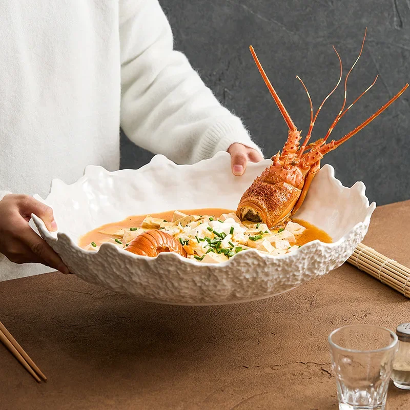 Stone Patterned Ceramic Irregular Lace Plate, Hotpot Restaurant Decoration Plate, Salmon and Seafood Sashimi Kitchenware
