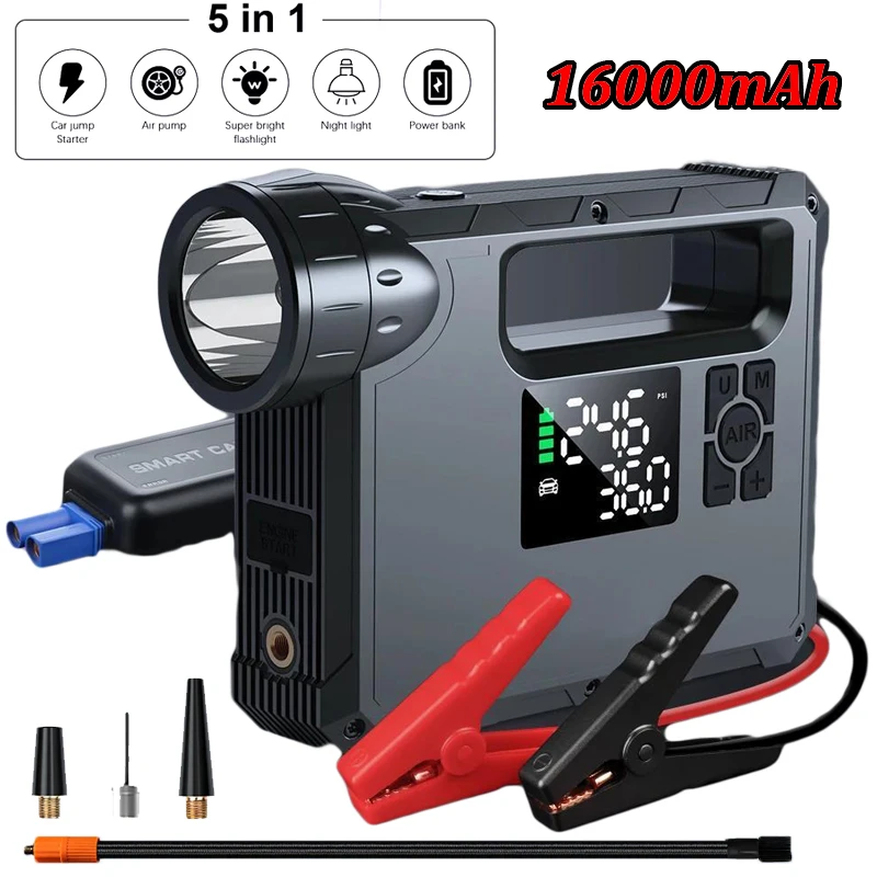 16000mAh Car Jump Starter 1000A Powerbank 150PSI Air Pump With Lighting Portable Air Compressor 5 In 1 Tire Inflator Pump