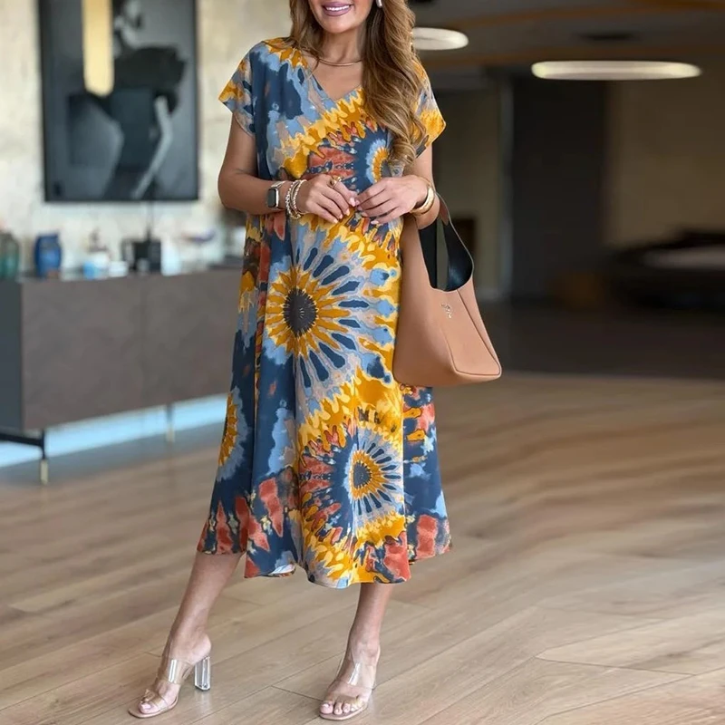 Zomerjurk Dames V-hals Korte mouw Losse strandvakantie Jurken voor dames Casual losse midi-jurk Boho