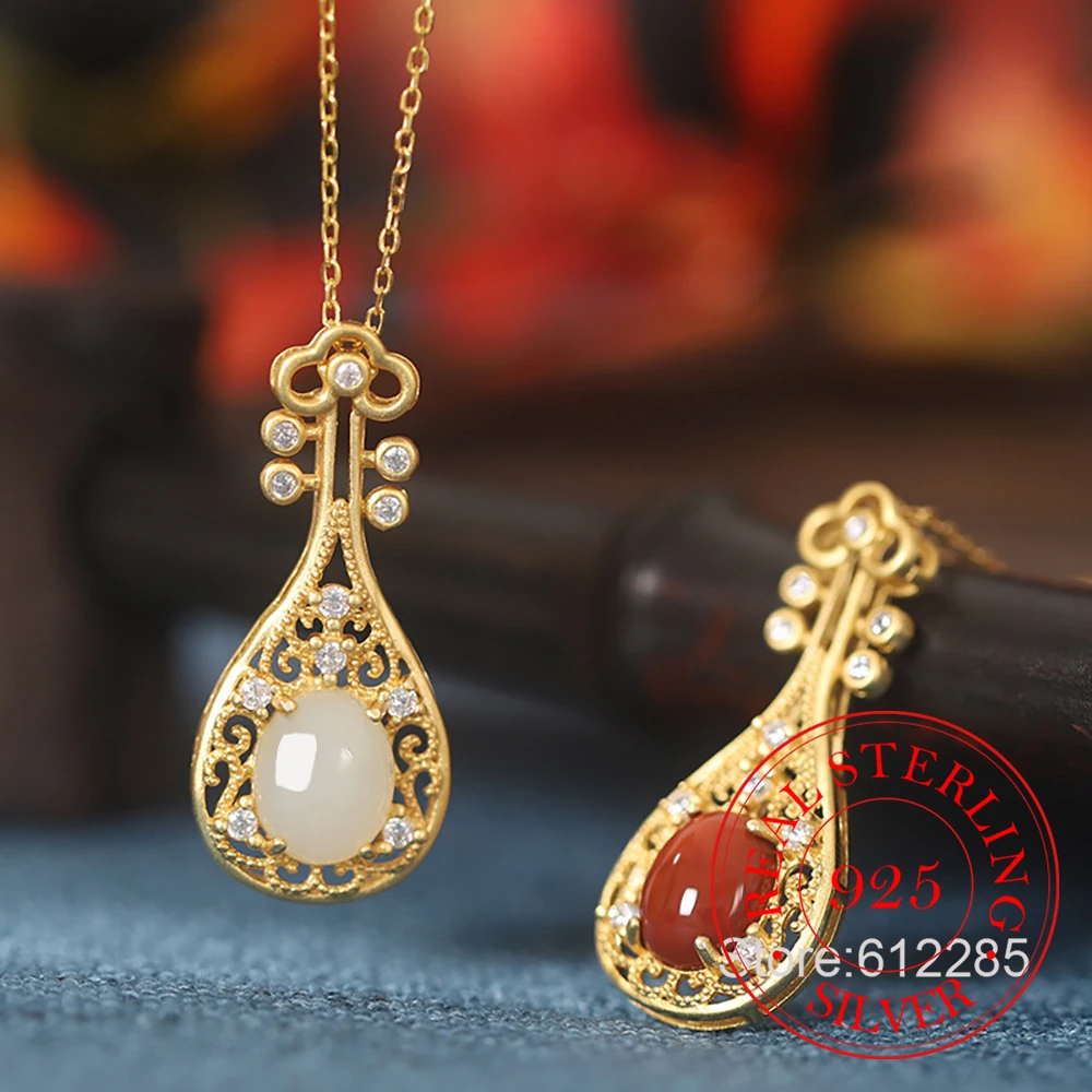 

925 Sterling Silver Jewelry 18K Gold Plated Natural Agate Classical Pipa Necklace Pendant For Women Wedding Party Jewelry Gift