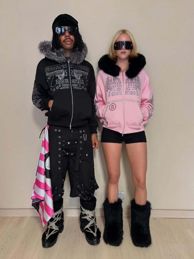 เสื้อฮู้ดซิปอเนกประสงค์ทรงหลวมพร้อมปกผ้าฟลีซ สไตล์อเมริกันเรโทร คาร์ดิแกนลำลอง อุ่นสบาย สตรีทแวร์สำหรับผู้หญิง