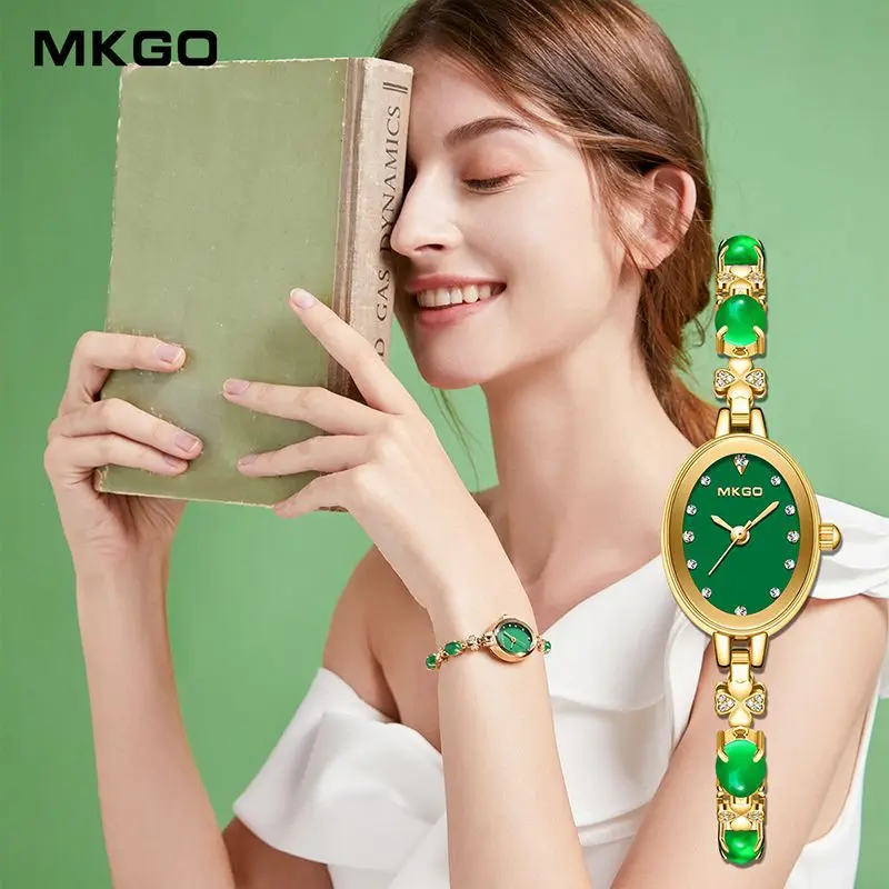 MKGO jam tangan gelang Quartz wanita, jam tangan hadiah 30M tahan air Premium indah kristal zamrud