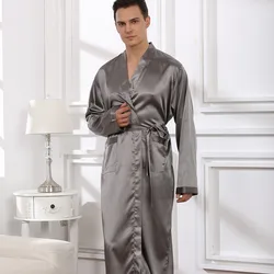 Bata de baño suelta para hombre, ropa de dormir Sexy, Kimono de satén con cuello en V, camisón largo informal, lencería íntima, novedad de verano