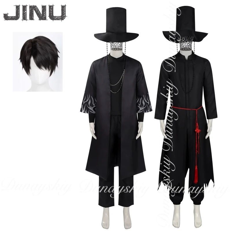 KPop Demon Hunters film Saja Boys Jinu Cosplay avec perruque noire du même personnage et Costume de scène noir Costume de Cosplay tout ensemble