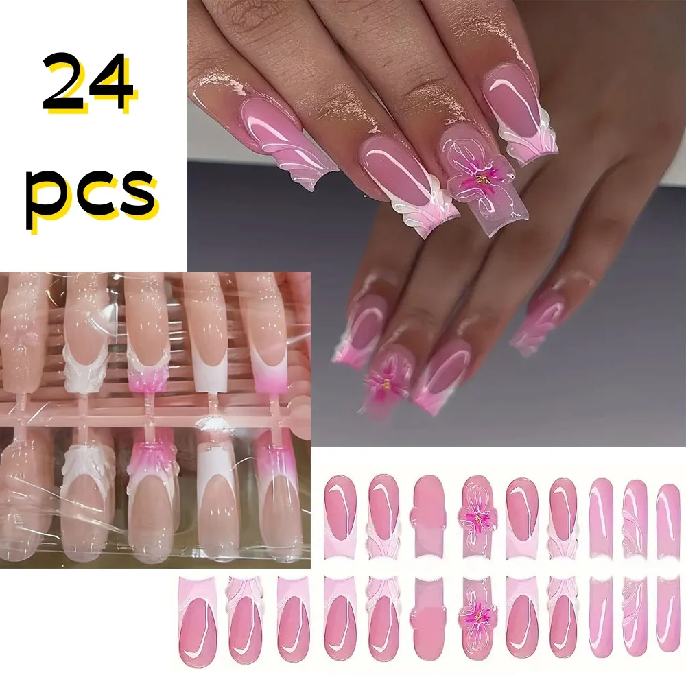 24 szt. Francuskie różowe paznokcie doczepiane z gradientem, lekkie luksusowe płatki z złotymi koralikami, sztuczne paznokcie, elegancki wzór żelowych kwiatów, sztuczne paznokcie.