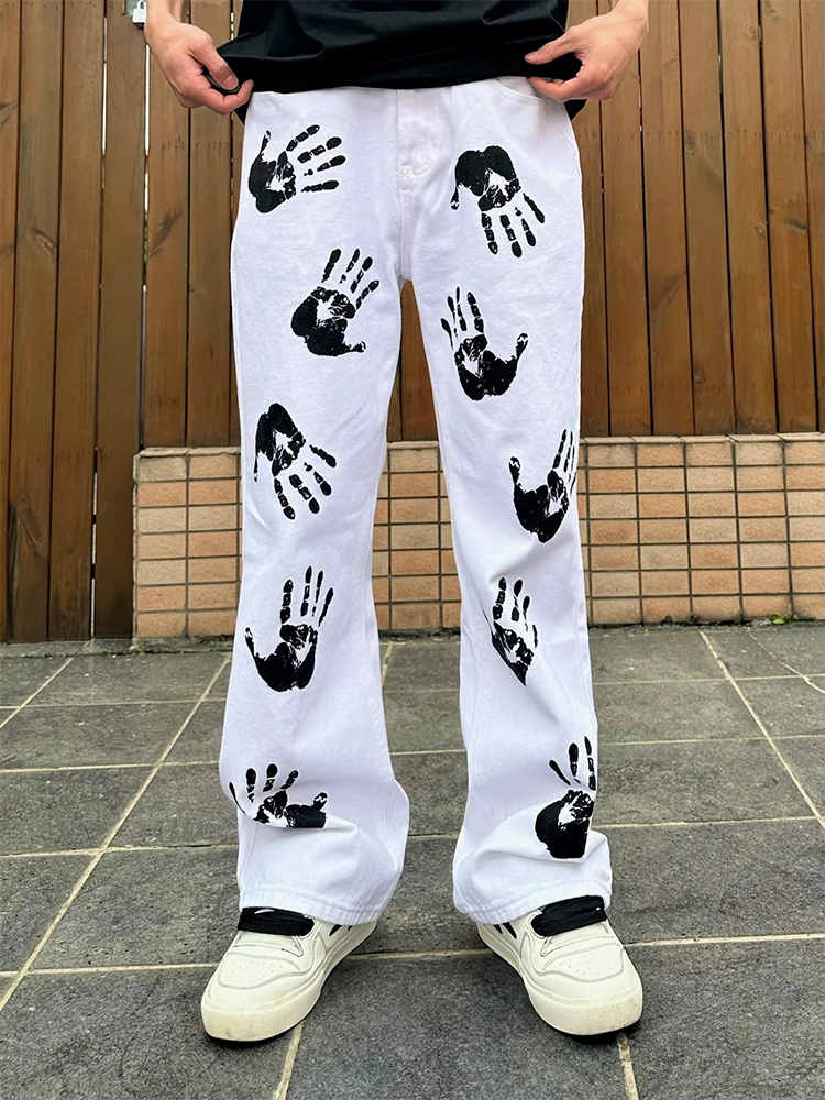 

American High Street Palm Print Jeans Men's Trendy Brand Handsome Streetwear High Waist Slim Straight Leg Bell Bottoms