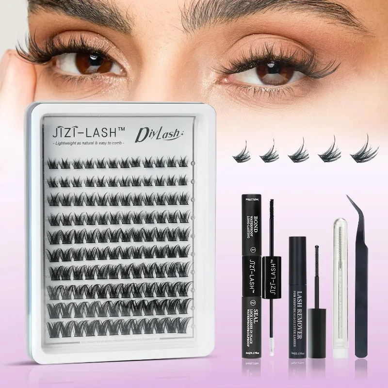 

JIZI-LASH 8-16mm Lash Clusters Set Individual Lashes DIY False Eyelashes Natural Eyelash Extension Kit Bond and Seal & Remover