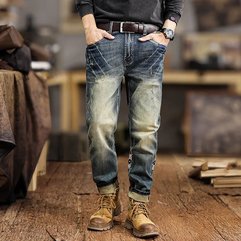 

1061 new style high street personality fashion brand jeans for men all-matching retro old washed figure-flattering straight Pant
