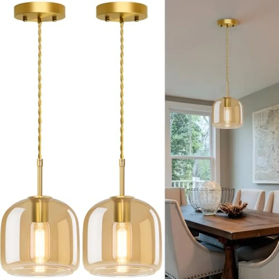 

Pendant Lights Kitchen Island 2 PackVintage Pendant Light Fixture with Amber Glass Shade Gold Vintage Pendant Light for Dining
