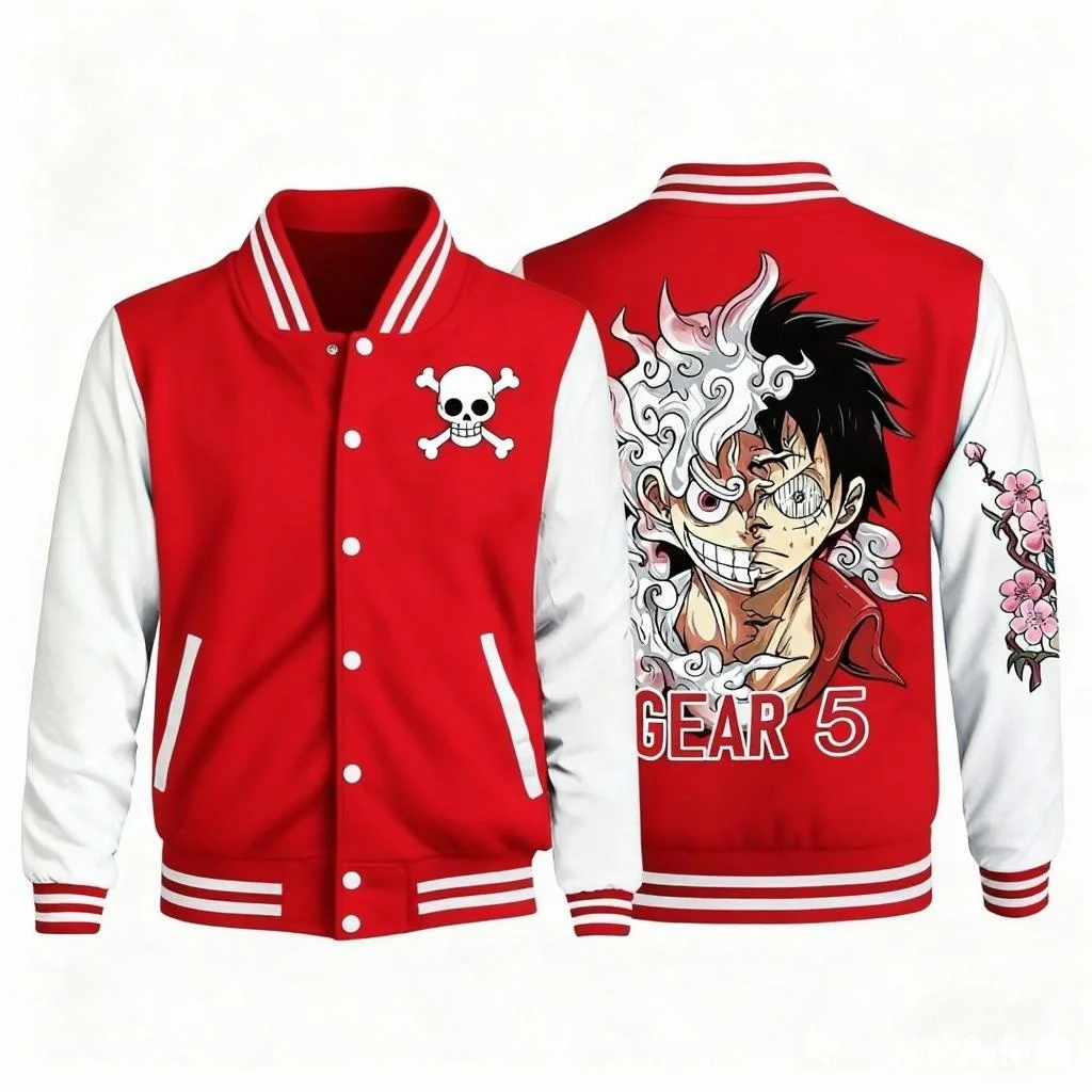 One Piece Rufy Gear Quinto Giacca da baseball rossa bianca Modello nuvola Stampa sul retro Design per capelli afro Logo con teschio sul petto