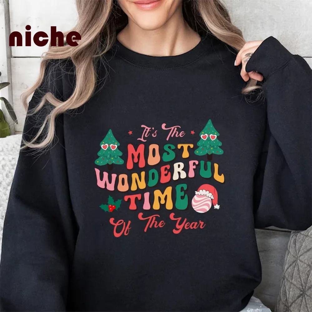 Crew Neck Women Sweater Hoodie Christmas Style Pine Snowman Chic Graphic Printing Cotton Soft Fabric New Sweatshirt