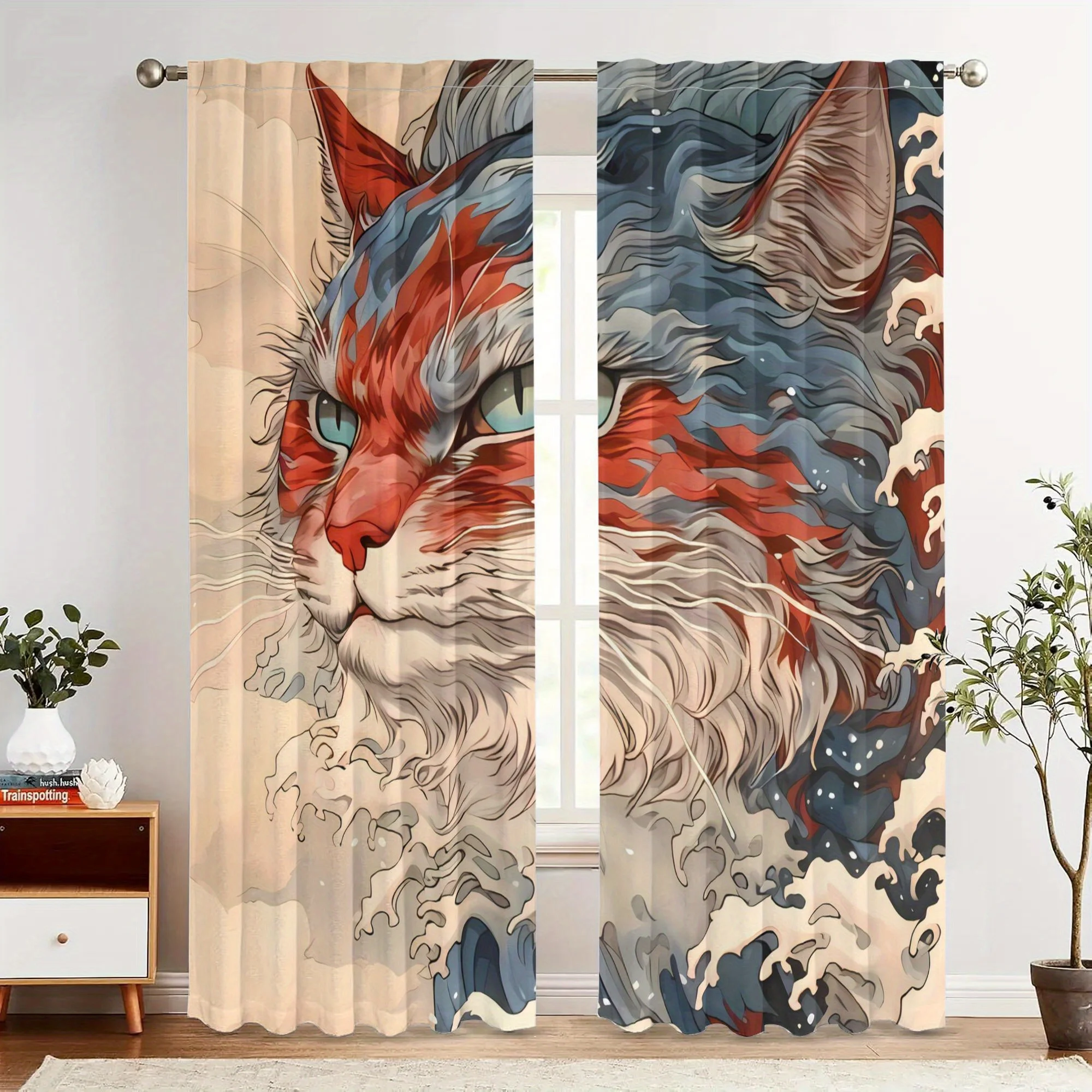 2pcs Cat Curtains - Vintage Japanese-Inspired Cat & Wave Art Design, Polyester Light Filtering Grommet Top Curtains for
