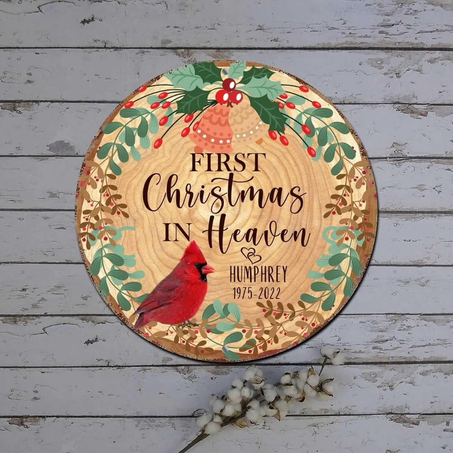 Christmas Metal Tin Signs First Christmas in Heaven Cardinalis Poinsettia Round Metal Tin Sign Christmas Decorations Wreath Shab