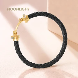 Classic Zircon U-shaped Bracelets Genuine Braided Leather Bracelet Female Jewelry Gift Couples Neutral Accessories 14 Colors