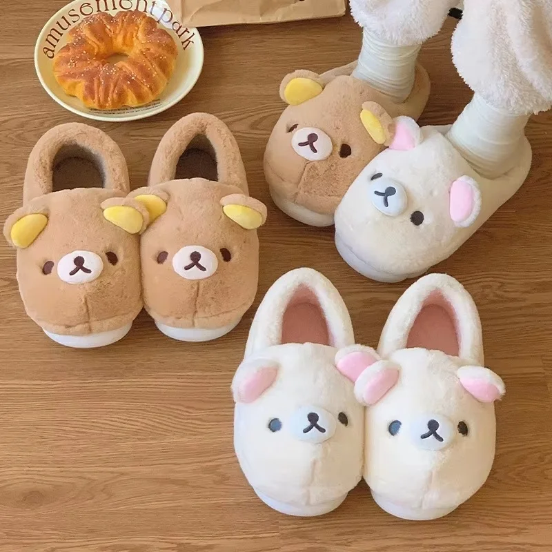 Soft Cotton Rilakkuma Winter Slippers Thick Warm Non Slip Sole Indoor Outdoor Couple Home Holiday Comfort Shoes For Men Women view 2