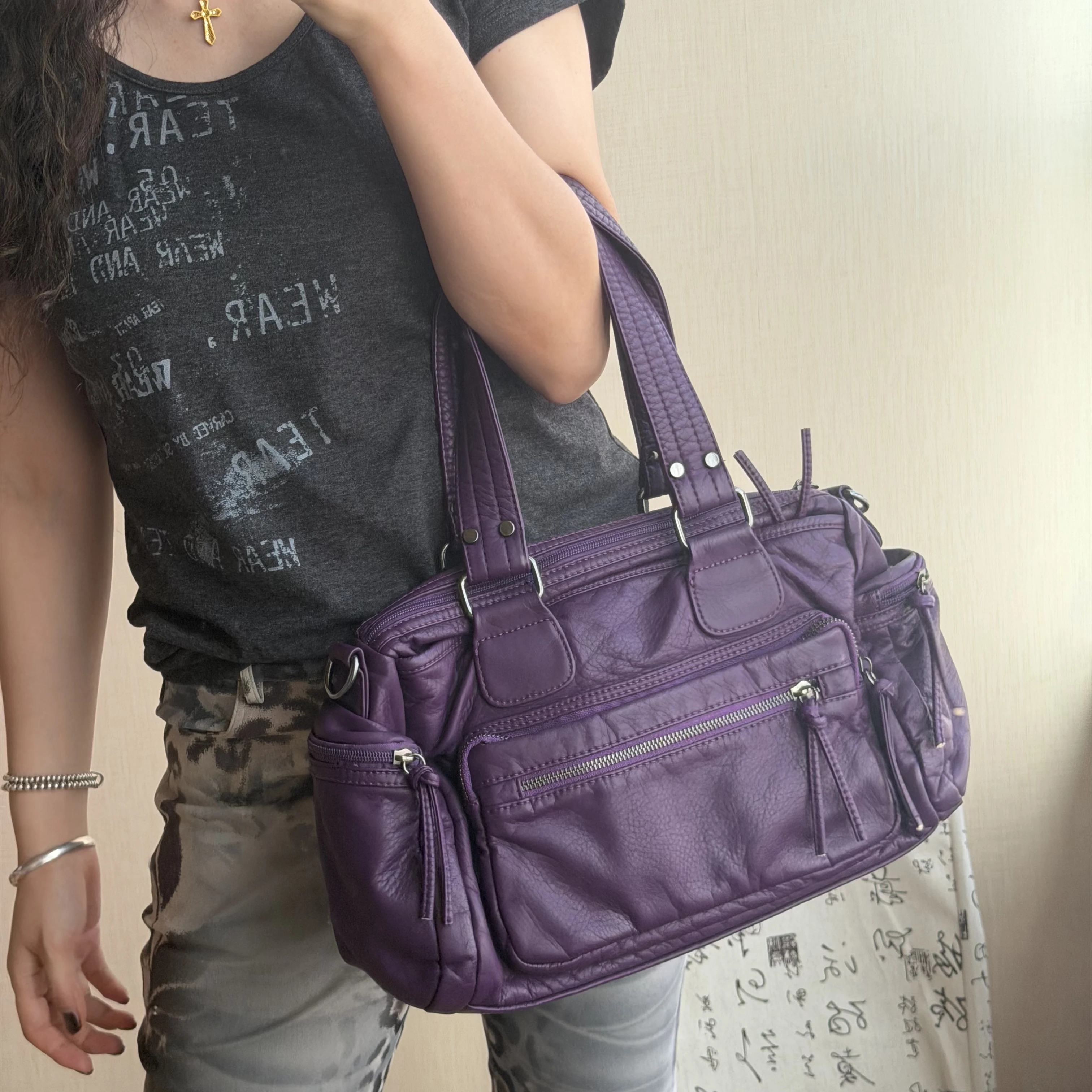Vintage Multi-Pocket Tote Bag for Women, Large Capacity Commuter Shoulder Crossbody Lightweight Square Handbag, Soft PU Y2K