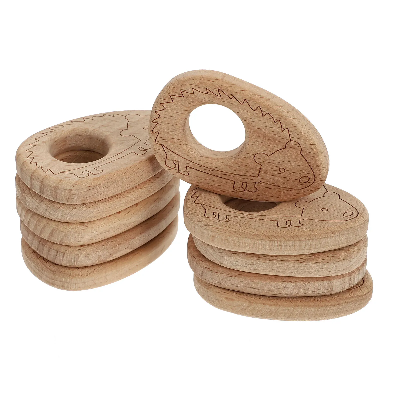 10 Uds. Colgante de madera de haya para bebé, bonito patrón de dibujos animados, mordedor Molar, cadena de chupete, decoración, juguete de haya, juguete de madera para niños