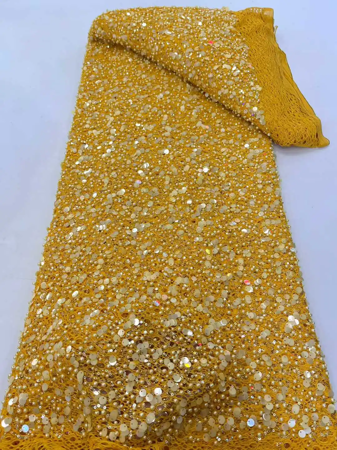 

Latest Design Heavy Beaded Sequins Lace Fabric Nigerian Sequins With Pearl Lace French Tulle Lace For Wedding Party Dresses