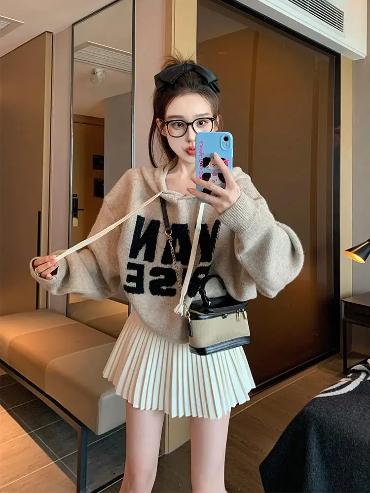 

Женский свитер с капюшоном цвета хаки, вязаный топ с верхней частью, модная внутренняя одежда, свободный крой, ультратонкий зимний свитер